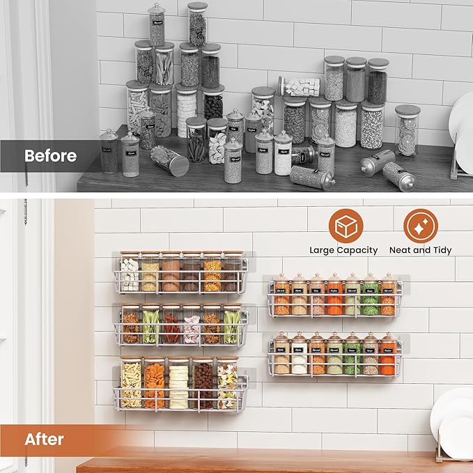Mystozer 5 Pack Spice Rack Seasoning Organizer Wall Mount, Screw or Adhesive Hanging Shelf Basket Spice Organizer Pantry Organizers Shelf for Kitchen Spice Organization for Cabinet (Silver)