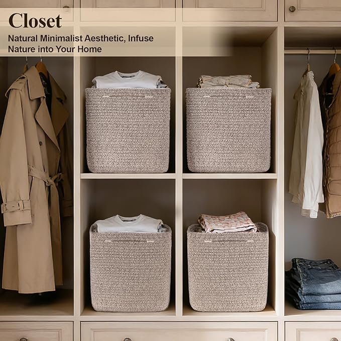 Cube Storage Bins 11 Inch Shelf Cotton Rope Baskets for Organizing, Woven Storage Basket - For Magazines, Living Room, Closet, Brown 3 Pack
