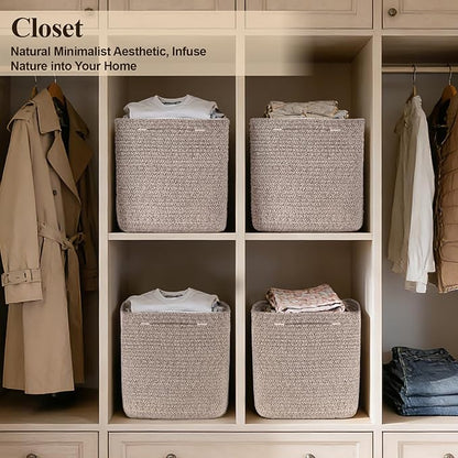 Cube Storage Bins 11 Inch Shelf Cotton Rope Baskets for Organizing, Woven Storage Basket - For Magazines, Living Room, Closet, Brown 1 Pack