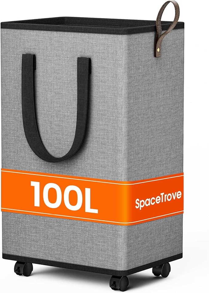 SpaceTrove Laundry Basket with Wheels, Collapsible Laundry Baskets, Laundry Hamper with Handles Detachable Wheels, Rolling Laundry Basket, Dirty Clothes Hamper for Bathroom, Dorm, Bedroom, Grey, 100L