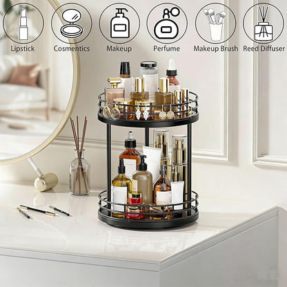 2-Tier Rotating Bathroom Countertop Organizer, Wooden Makeup Vanity Storage, Multifunctional Lazy Susan Turntable for Skincare, Perfume and Cosmetics (Black)