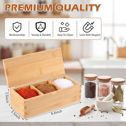 Bamboo Salt Cellar Spice Box with Magnetic Lid 29oz Large Capacity Salt Organizer 3 Compartments for Kitchen Countertop, Pepper, Seasonings, Spices, Grilling & Cooking