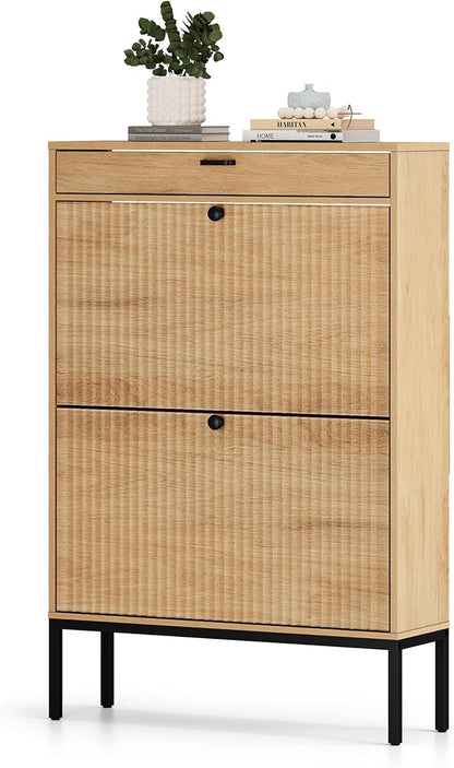 XIAO WEI Shoe Cabinet, Shoe Storage Organizer Cabinet with 2 Flip Wavy Line Drawers, Freestanding Shoe Rack with Adjustable Shelf for Entryway, QH242-1