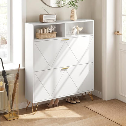 Shoe Cabinet Storage for Entryway, White Shoe Organizer with 2 Flip Drawers & Open Shelf, Hidden Large Shoe Storage Cabinet with Metal Legs, Freestanding Tipping Bucket Shoe Cabiet