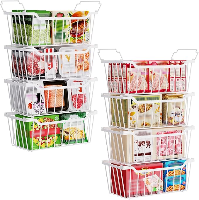 SUNALLY Freezer Organizer Bins, 8 Pack Chest Freezer Organizer Stackable for 5-7 Cu.FT Deep Freezer Sort Frozen Meats and Food, Freezer Storage Baskets with Handles Easy Reach from Bottom, White
