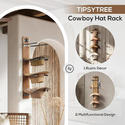 Hat Holder Rustic Wood Star Design – 2-Piece Organizer with Extra Wide Wooden Boards (12cm / 4.72"), 4-Hook Cowboy Hat Rack for Wall, Western Decor, Hat Storage Display Hanger