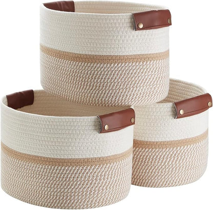 3 Pack Cotton Rope Storage Basket Woven Shelf Storage Bin with Faux Leather Handles, Decorative Closet Shelf Woven Basket for Storage Organizers, 15 x 10 x 9, White/Brown