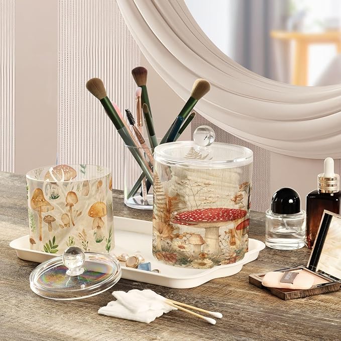 2 Pack Qtip Dispenser Apothecary Jars with Lids Cotton Round Holder Bathroom Canisters for Cotton Swab Floss Ball Pads Clear Plastic Decorative Watercolor Mushroom Beige