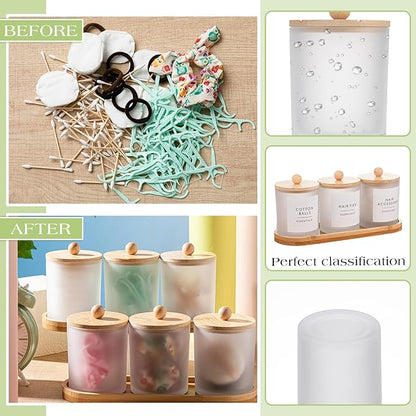 Chengu 6 Pack Cotton Swab Holder with Bamboo Lids and Trays and Labels Glass Round Swab Dispenser Cotton Ball Holder Glass Apothecary Jars Floss Pick Containers Bathroom Organizers (White)