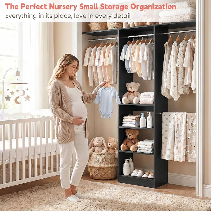 iSunirm 48" Small Closet System, Space-Saving Wall-Mounted Wardrobe Organizer, Mini Garment Rack for Narrow Spaces, Morning Outfit Prep Station & Nursery Dress-up Storage, Black
