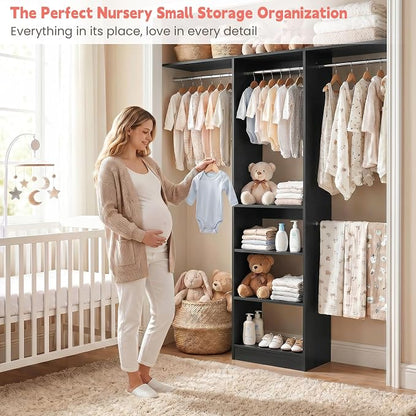 iSunirm 48" Small Closet System, Space-Saving Wall-Mounted Wardrobe Organizer, Mini Garment Rack for Narrow Spaces, Morning Outfit Prep Station & Nursery Dress-up Storage, Black