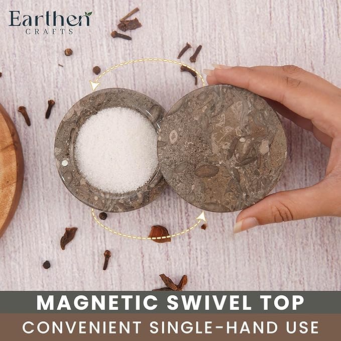 Marble Salt Cellar with Swivel Lid 3 Inch Salt Box Oceanic Mini Salt and Spice Jar Storage Magnetic Lock Container, Salt Crock for Sea Salt, Flaky Salt, and Sugar