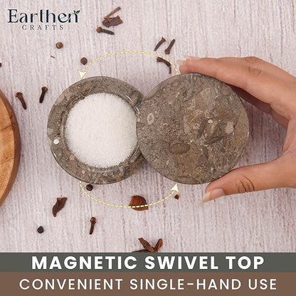 Marble Salt Cellar with Swivel Lid 3 Inch Salt Box Oceanic Mini Salt and Spice Jar Storage Magnetic Lock Container, Salt Crock for Sea Salt, Flaky Salt, and Sugar