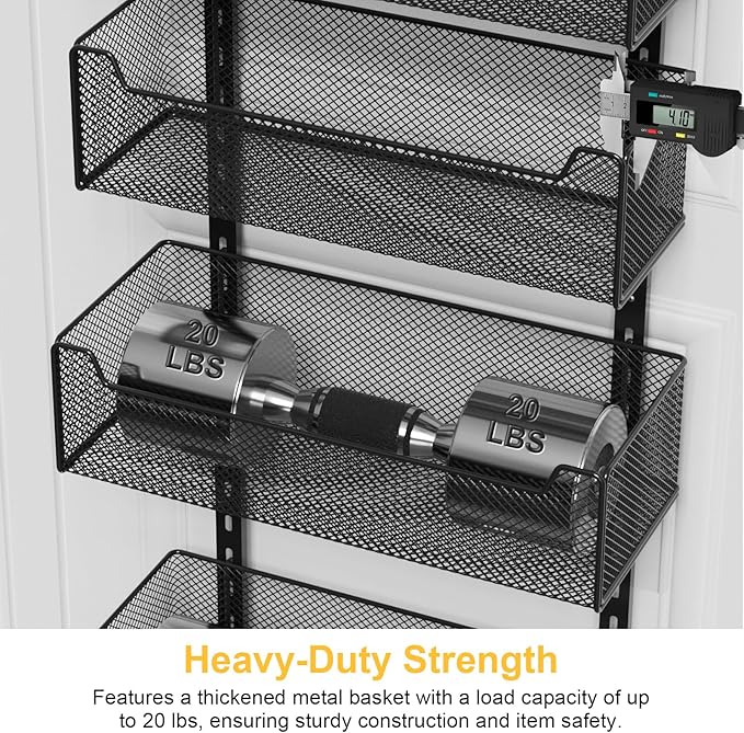 VyGrow Over the Door Organizer, 8-Tier Pantry Organizer with Fully Enclosed Mesh Baskets, Heavy-Duty Metal Hanging Spice Rack for Kitchen Bathroom Laundry Room, 2-in-1 Wall Mount or Door Mount, Black