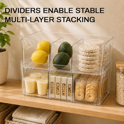 Mpotmiy 6 Pack Pantry Organizers and Storage,Clear Plastic Containers with 2 Dividers for Kitchen,Fridge Organization and Storage,Acrylic Bins for Pounches,Spice Packet,Snack organzier