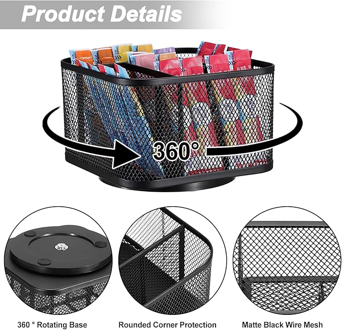 ELLDOO Metal Drink Packet Organizer for Powdered Drink Mix, Rotating Water Flavor Packet Holder with 5 Compartments, Lazy Susan Organizer for Remote Control, Glasses, Makeup Brush (Black)