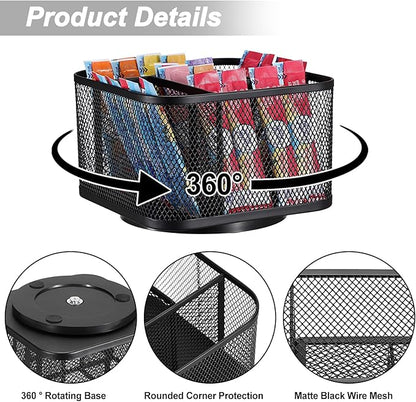ELLDOO Metal Drink Packet Organizer for Powdered Drink Mix, Rotating Water Flavor Packet Holder with 5 Compartments, Lazy Susan Organizer for Remote Control, Glasses, Makeup Brush (Black)