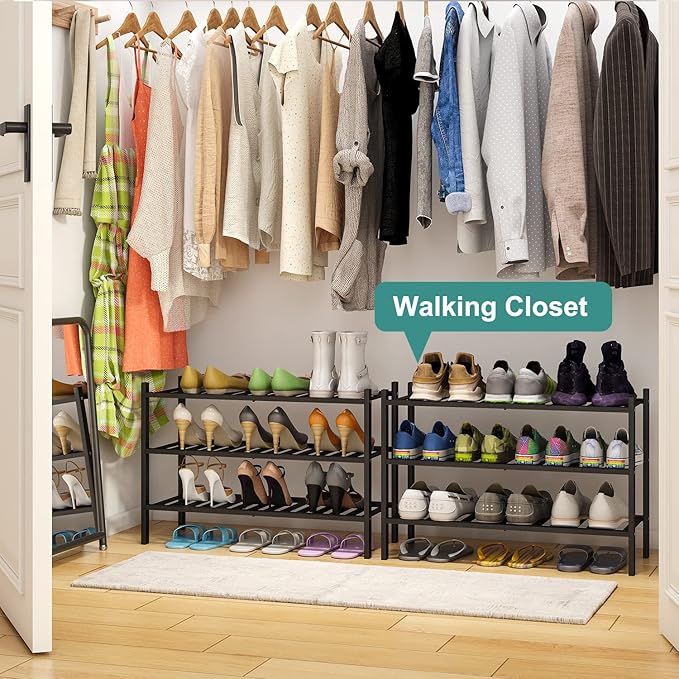 viewcare 3-Tier Black Bamboo Shoe Rack for Entryway, Stackable | Foldable | Natural, Shoe Shelf Storage Organizer for Hallway Closet, Free Standing Shoe Racks for Indoor Outdoor