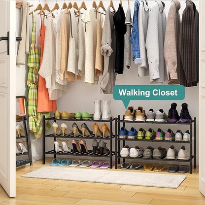 viewcare 3-Tier Black Bamboo Shoe Rack for Entryway, Stackable | Foldable | Natural, Shoe Shelf Storage Organizer for Hallway Closet, Free Standing Shoe Racks for Indoor Outdoor