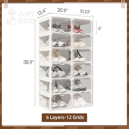 ANTBOX Foldable Shoe Rack,Shoe Organizers for Closet Plastic Shoe Storage Box Space Saving for Entryway, Large Sturdy Stackable Sneaker Cabinet Bins with Magnetic Clear Door 6 Tiers 12 Pairs