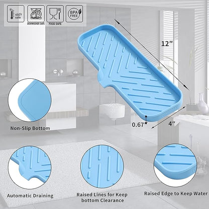 MicoYang Silicone Bathroom Soap Dishes with Drain Spout-Bathroom and Kitchen Sink Organizer,Sponge Holder,Dish Soap Tray,Perfect for Dispenser,Scrubber,Bottle on Sink or Counter-Light Blue 12"×4"