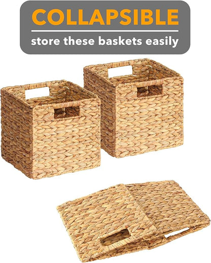SpaceAid 4 Pack Wicker Basket, Storage Baskets for Organizing, Woven Rattan Basket with Handles for Shelves, Water Hyacinth Large Cube Organizer Storage Bin, 10.5x10.5x10.5 inch, Natural