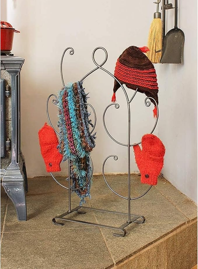 Mitten and Hat Drying Rack Tree – Freestanding Wrought Iron Accessory Holder with 10 Hooks, Graphite Powder-Coated Finish – Winter Gear Organizer for Gloves, Hats, Scarves, and Coats