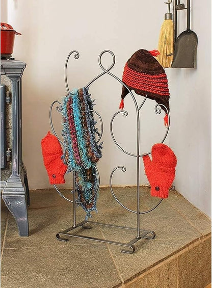 Mitten and Hat Drying Rack Tree – Freestanding Wrought Iron Accessory Holder with 10 Hooks, Graphite Powder-Coated Finish – Winter Gear Organizer for Gloves, Hats, Scarves, and Coats
