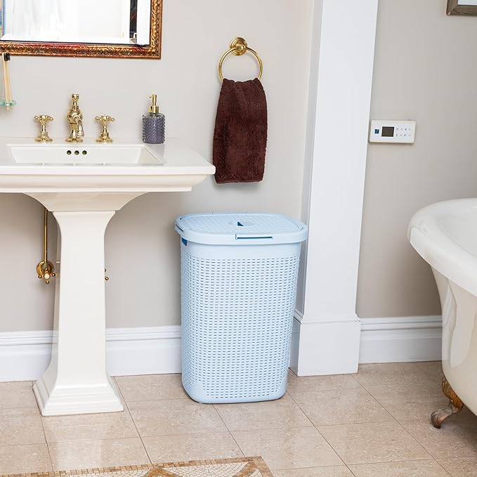 Mind Reader Slim Laundry Hamper with Lid, 60L Tall Clothes Basket, Narrow Tapered Design for Bathrooms, Closets and Laundry Rooms, Plastic, Baby Blue