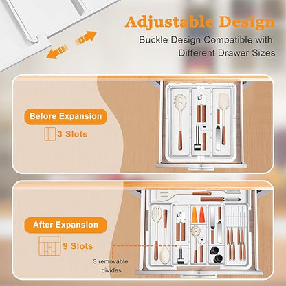 Homecor Kitchen Drawer Organizer Large Expandable Silverware Organizer, Utensil Holder and Flatware Tray, Kitchen Spatula Tools and Gadgets Storage with Removable Knife Blocks and 3 Dividers, White