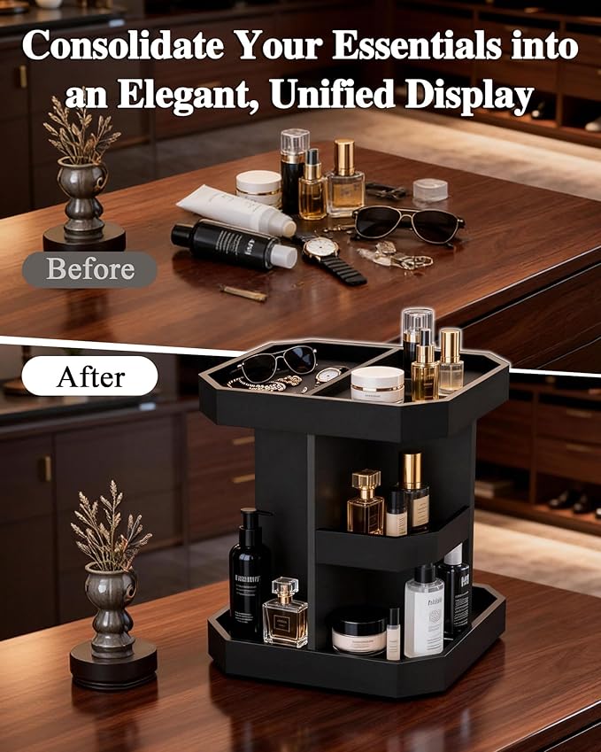 HWZ Wooden Cologne Organizer for Men, Cologne Stand, 360 Rotating, Massive 3 Shelf Storage Unit, Elegant Display Holder for Perfume & Accessories, Bedroom Essentials, Ideal Gift for Loved ones