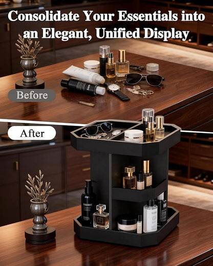 HWZ Wooden Cologne Organizer for Men, Cologne Stand, 360 Rotating, Massive 3 Shelf Storage Unit, Elegant Display Holder for Perfume & Accessories, Bedroom Essentials, Ideal Gift for Loved ones