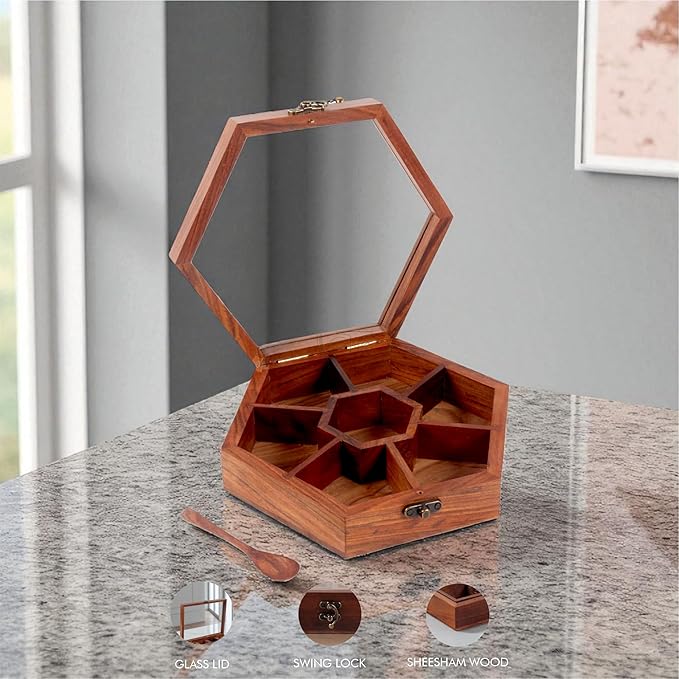Wooden Spice Box, Masala Container, Condiments Storage Case for Kitchen, Multipurpose Decorative Box - Indian Rosewood Crafted