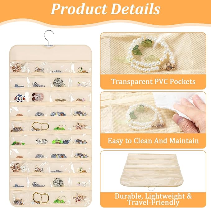 4 Pack Hanging Jewelry Organizer with 80 Clear Pockets, Double-Sided Hanger for Closet Door Wall, Beige Jewelry Holder for Earrings, Necklaces, Bracelets