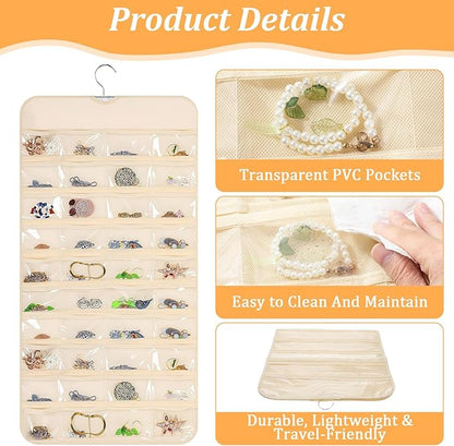 4 Pack Hanging Jewelry Organizer with 80 Clear Pockets, Double-Sided Hanger for Closet Door Wall, Beige Jewelry Holder for Earrings, Necklaces, Bracelets