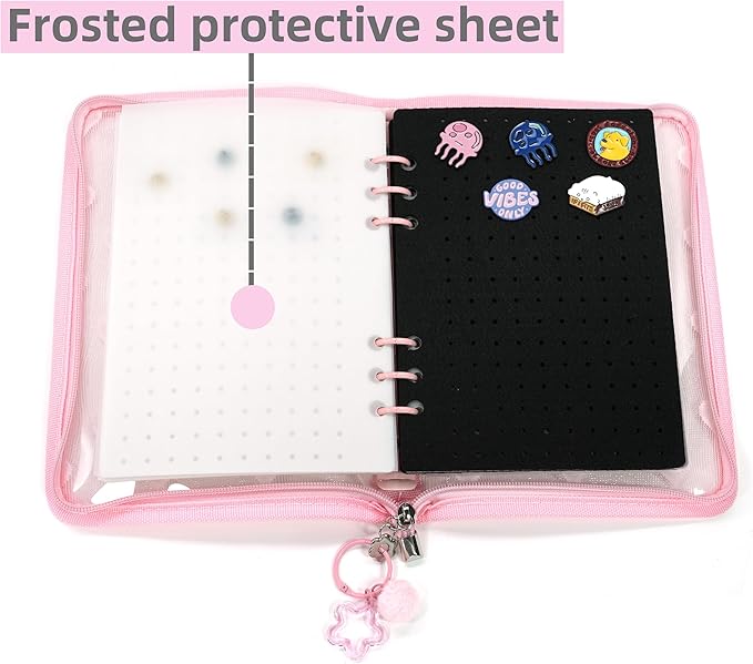 Chillpaper Enamel Pin Display Book Collection Trading Book Portable Brooch Pins Holder Storage Organizer Case Zippered (Pink Heart Lace)