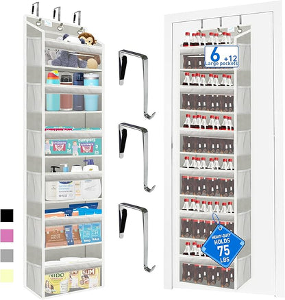Over the Door Organizer Storage 6 Tier, 12 Large Capacity Side Pockets, Heavy Duty Metal Reinforced Hook Anti Tilt 75 LB Load Behind Door Storage for Bedroom Bathroom Pantry Nursery