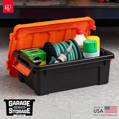 IRIS USA 3 Gallon Lockable Storage Bins with Lids, 5 Pack - Made in USA, Heavy Duty, Stackable Containers, Garage Organizing Bins Moving Tubs, Rugged Sturdy Equipment Utility Box - Black/Orange