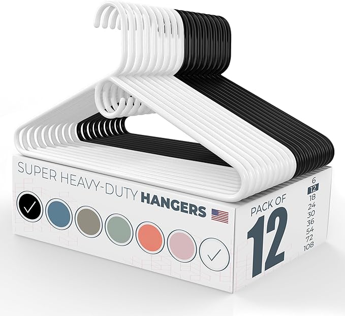 Super Heavy Duty Clothes Hangers 12 Pack – Made in the USA - 10lb Capacity, Thick Plastic Hangers for Pants, Coats, Jackets, Jeans and Adult Clothing – White & Black