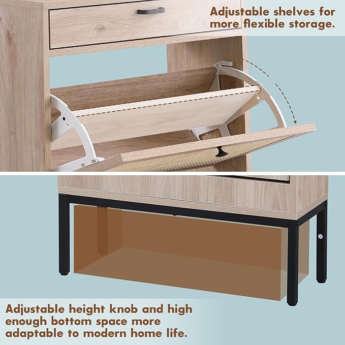 Brafab Shoe Storage Cabinet with Flip Drawers & Adjustable Shelves, Rectangular Rattan Doors - For Hallways and Entryways