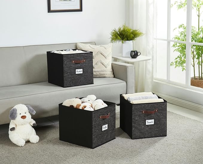 DECOMOMO Storage Baskets, 13x15x13 Storage Cube Bins with Labels for Organizing Shelves Kallax (Kallax / 4pcs, Black Pattern)