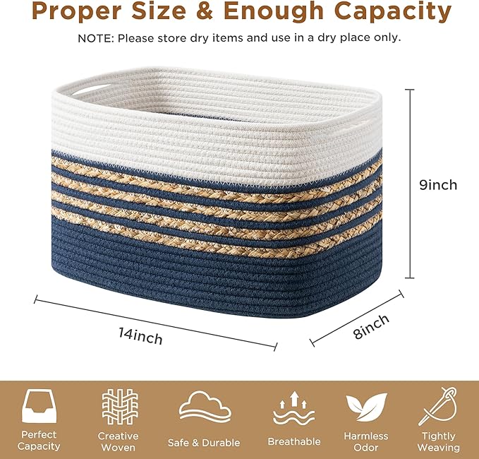 UBBCARE 4 Pack Baskets for Organizing, Woven Storage Baskets for Toys and Towel, Rectangle Cotton Rope Basket with Handles, 14''L x 8''W x9''H, Navy Blue