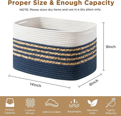 UBBCARE 4 Pack Baskets for Organizing, Woven Storage Baskets for Toys and Towel, Rectangle Cotton Rope Basket with Handles, 14''L x 8''W x9''H, Navy Blue