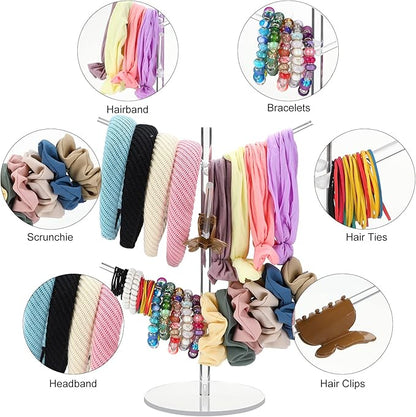 Acrylic Scrunchie Organizer Stand With Angled Branches - Hair Tie, Accessories, Jewelry, Bracelet, Earrings Storage Holder - Y2k Room Decor for Girls and Teens (Clear)