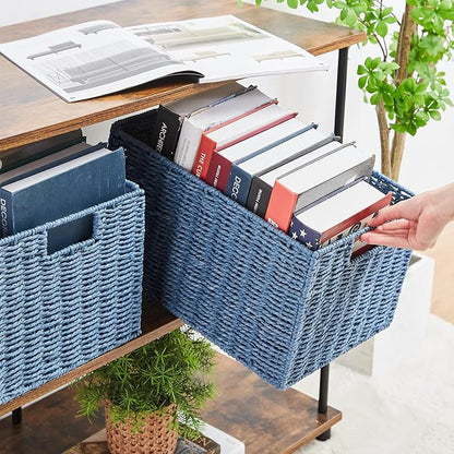 Vagusicc Wicker Storage Basket, Set of 2 Hand-Woven Paper Rope Wicker Basket, Large Storage Baskets for Organizing Toilet Paper, Foldable Cube Storage Organizer Bins for Shelves (Blue)