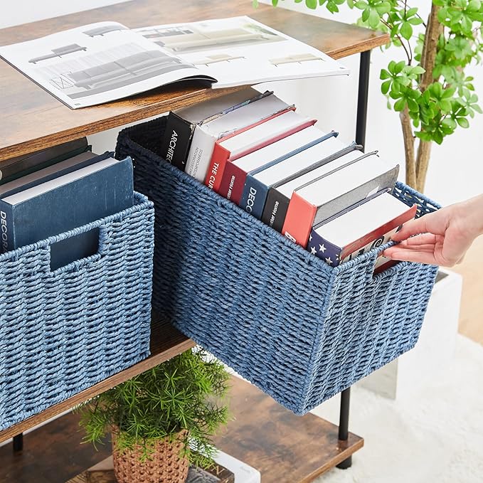 Vagusicc Wicker Storage Basket, Set of 2 Hand-Woven Paper Rope Wicker Basket, Small Storage Baskets for Organizing Toilet Paper Basket, Foldable Large Cube Storage Organizer Bins for Shelves (Blue)