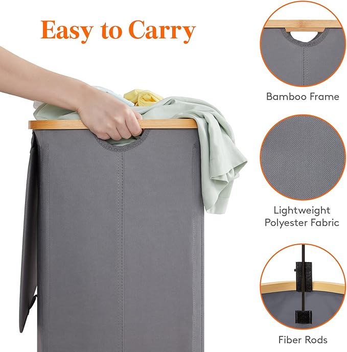 Lifewit 150L Double Laundry Hamper with Lid, Large Laundry Basket with Removable Bag & Bamboo Handles, Fodable Tall Dirty Clothes Hamper for Laundry Collapsible Bin for Bathroom Bedroom, Charcoal Gray