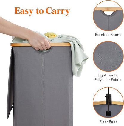 Lifewit 150L Double Laundry Hamper with Lid, Large Laundry Basket with Removable Bag & Bamboo Handles, Fodable Tall Dirty Clothes Hamper for Laundry Collapsible Bin for Bathroom Bedroom, Charcoal Gray