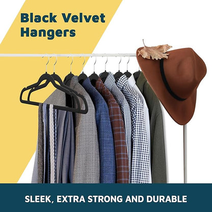 Lifemaster Velvet Non-Slip Plastic Hanger Set - 100 Pieces Non-Slip Clothes Hanger Set with 360° Swivel Hook, Space-Saving, Sleek Design, Smooth Velvet Finish, Lightweight Construction - Black