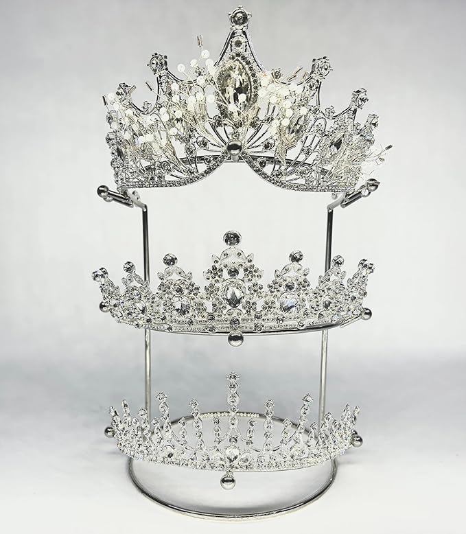Crown Display 【Electroplating Metal Luster】 Crown Holder Tiara Display 3-Tier Sliver Bridal Crown Display Stand Crown Storage Organizer Jewelry Holder for Women Girls Wedding Home Shop Store